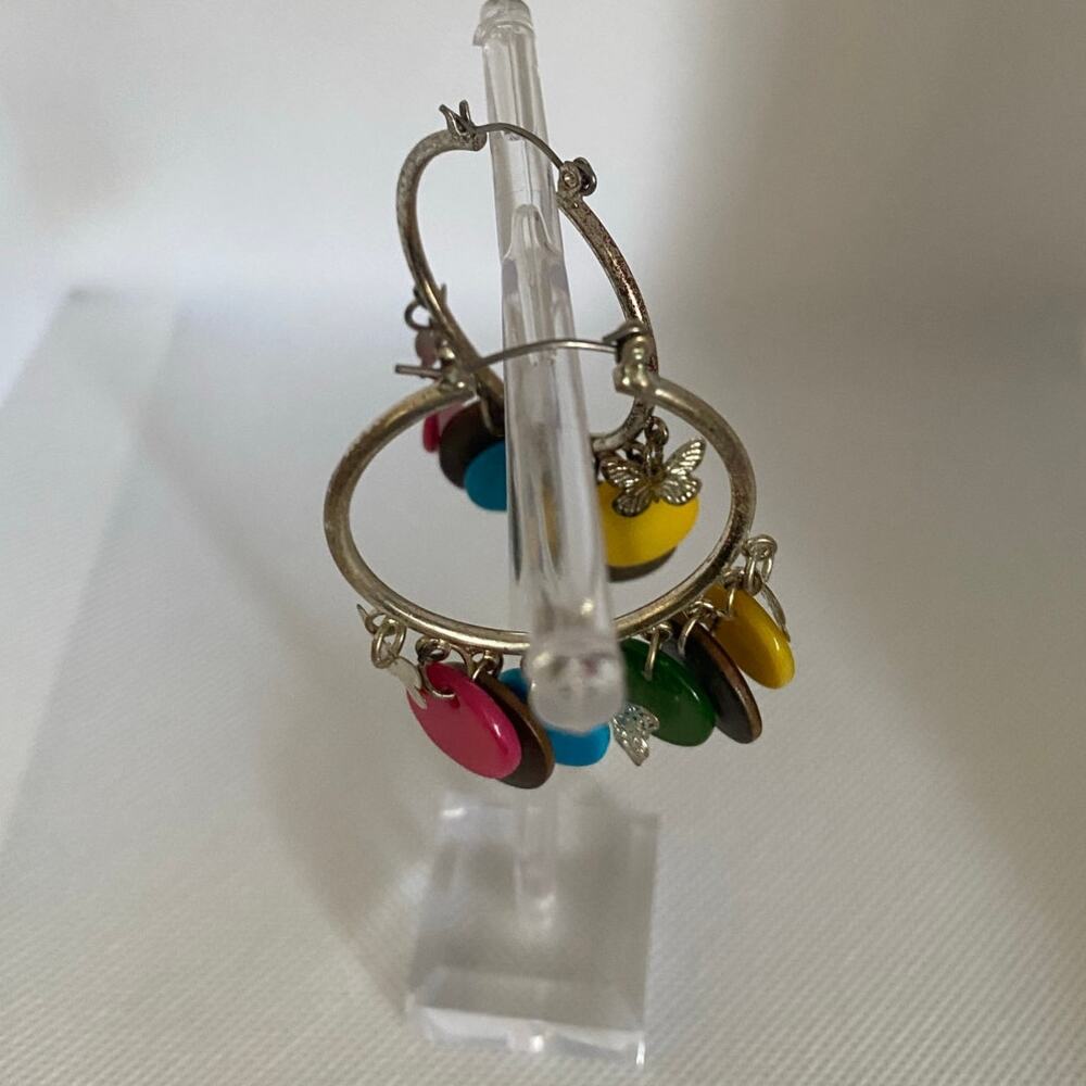 Colorful Boho Hoop Earrings with Butterfly Charms Mixed Disc Dangles 2in - Picture 7 of 17